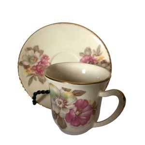 Vtg Orleans Fine China Demitasse Miniature Cup Saucer Pink Flowers Gold Trim